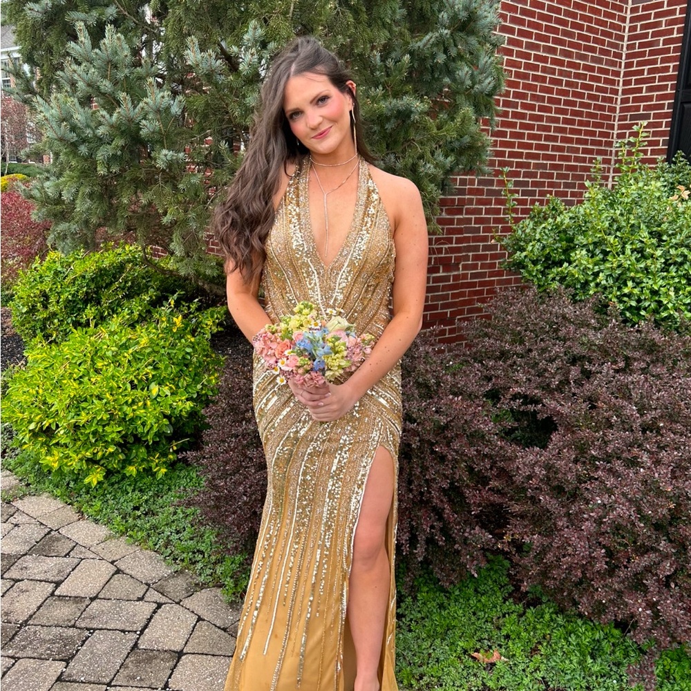 Gold Sequins Gown with Plunge Neckline and High Slit for Prom